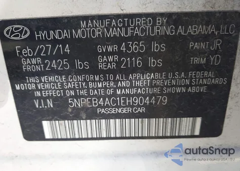 2014 Hyundai Sonata Gls z USA, uszkodzony, nr VIN 5NPEB4AC1EH904479